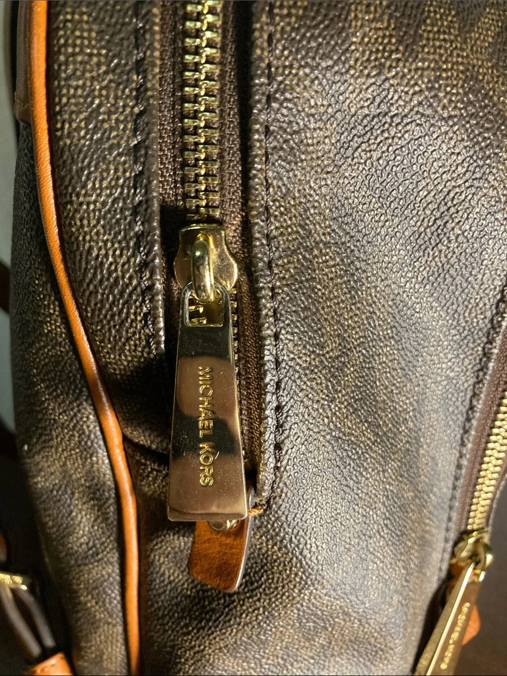 Michael Kors Brown Rhea MK Logo Backpack with Gold Hardware